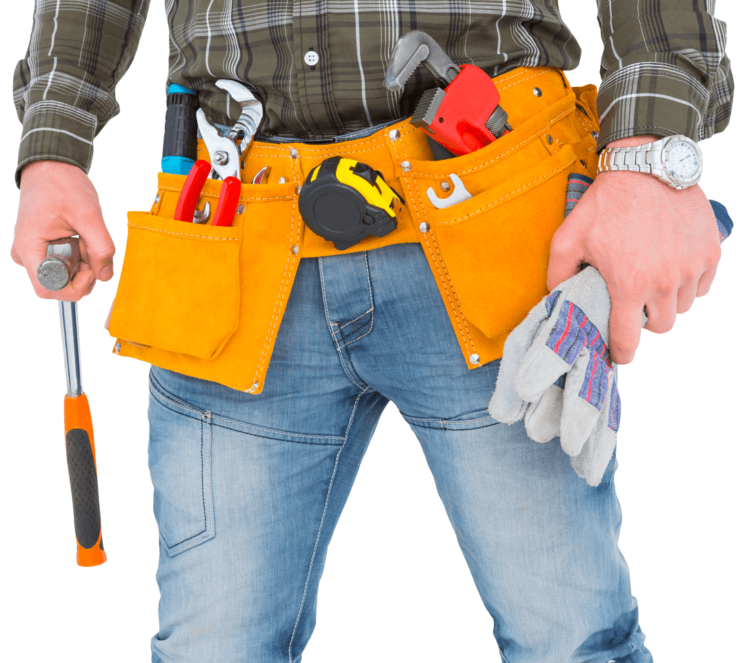 Transparent Construction Worker Holding Hammer Wearing Tool Belt