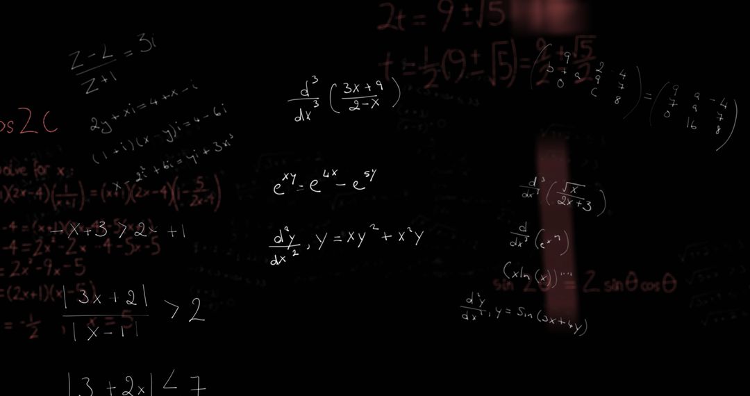 Complex Mathematical Equations Floating on Dark Chalkboard Background