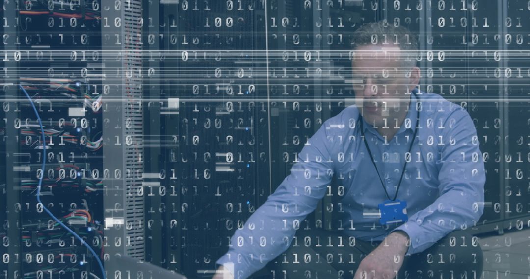 Engineer Working in Server Room Amidst Digital Interface Overlay