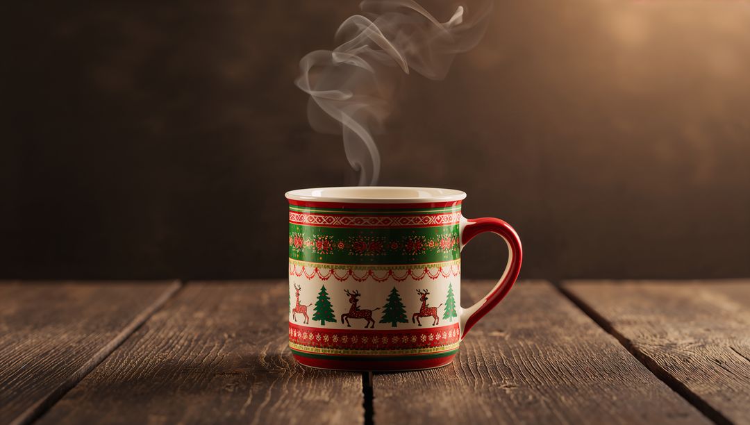 Steaming Festive Mug with Reindeer Pattern on Rustic Wooden Tabletop for Cozy Holiday