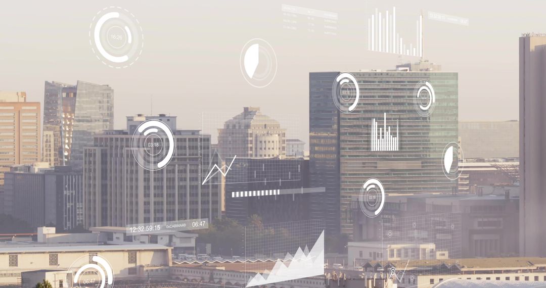 Futuristic Analytics Projections Over Cityscape