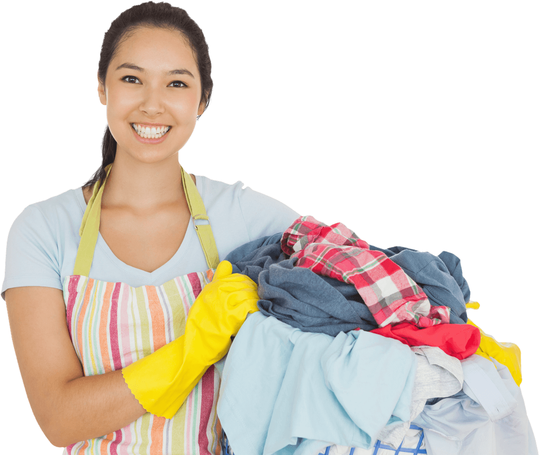Smiling Woman Carrying Transparent Laundry Basket in Yellow Gloves