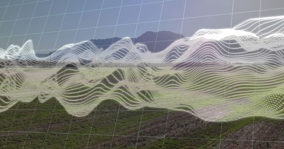 Futuristic Undulating Waves Over Scenic Meadow and Mountains