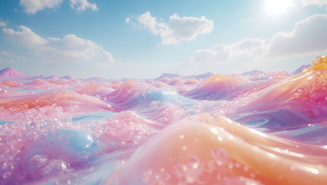 Whimsical Pastel Fantasy: Surreal Fluid Waves under Azure Sky