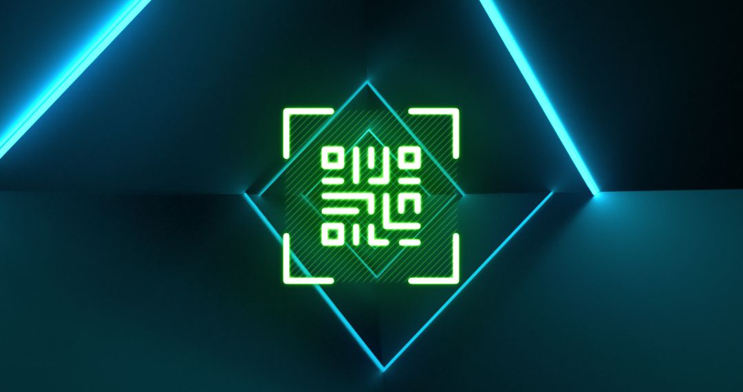 Glowing Green QR Code with Futuristic Blue Neon Lines