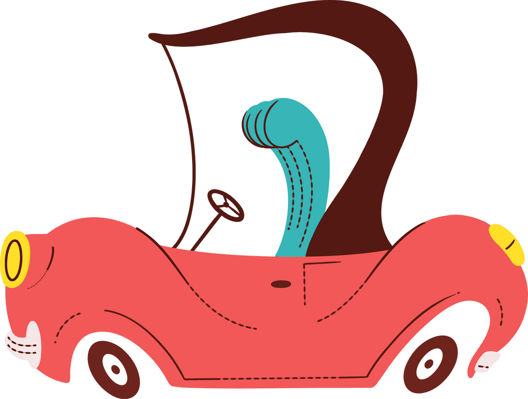 Whimsical Red Convertible Art with Turquoise Fins on Transparent Background