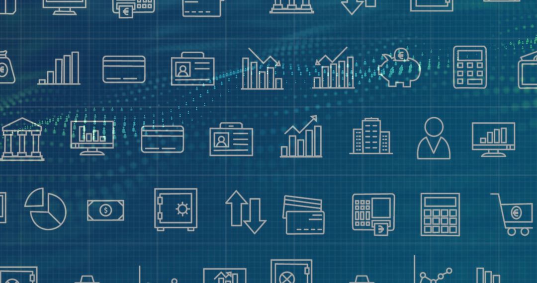 Various Financial and Data Management Icons on Digital Grid Background