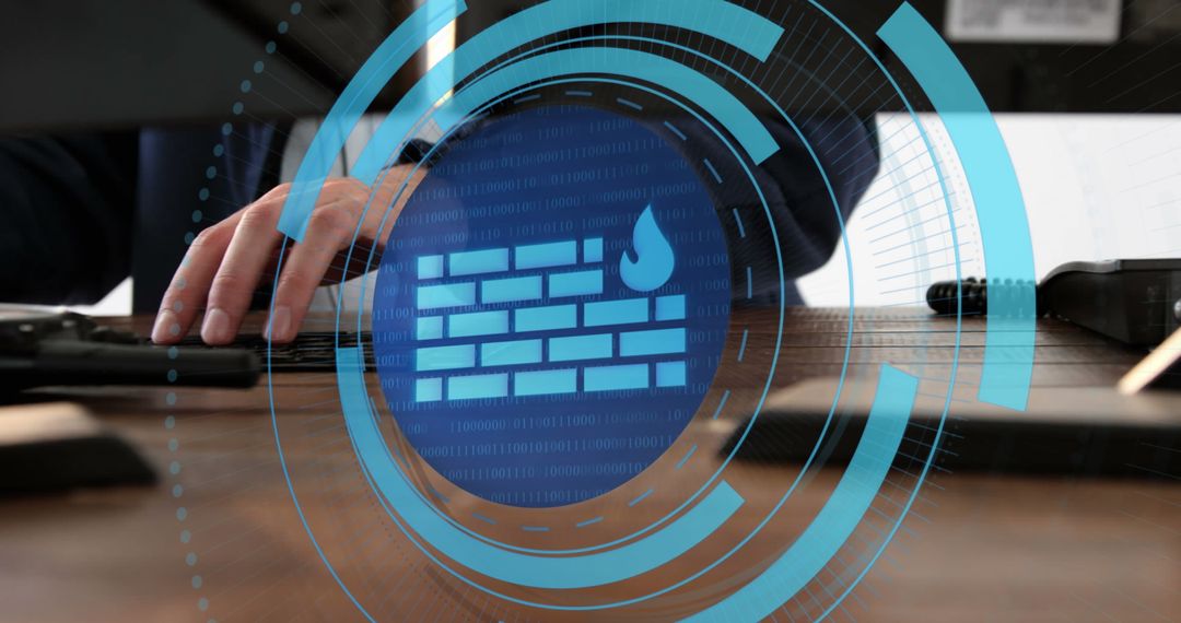 Network Security With Digital Firewall Symbol and Typing Hands