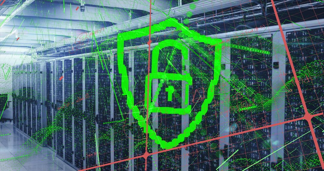 Cybersecurity Overlay with Glowing Shield and Server Racks