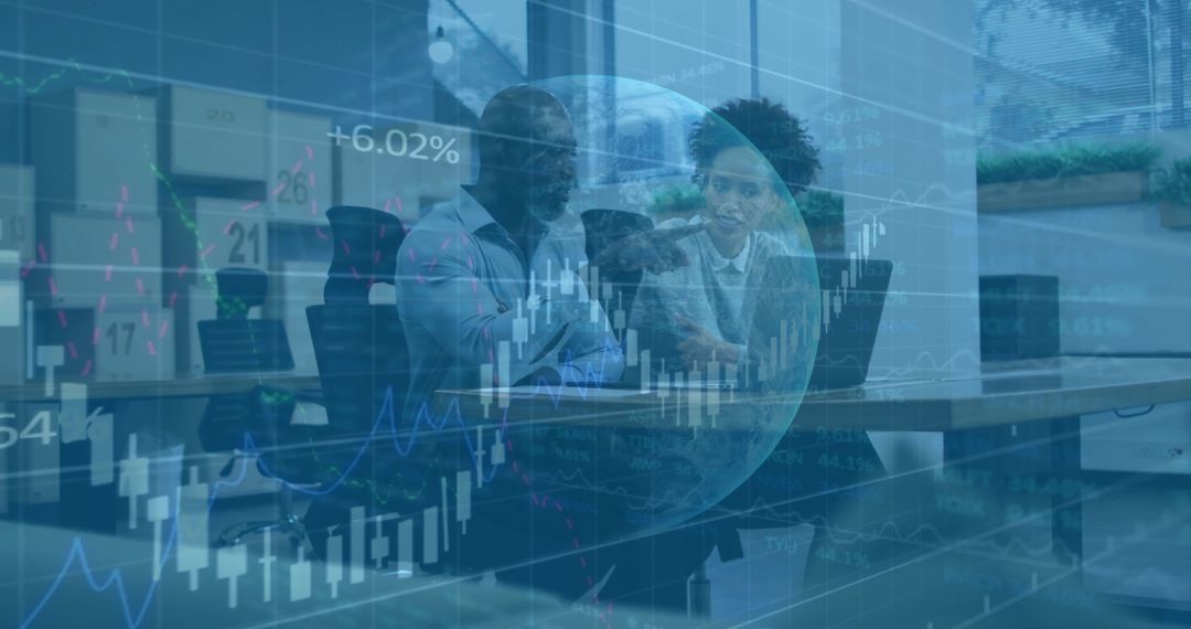 Diverse Professionals Discussing Financial Data with Digital Interface Overlay