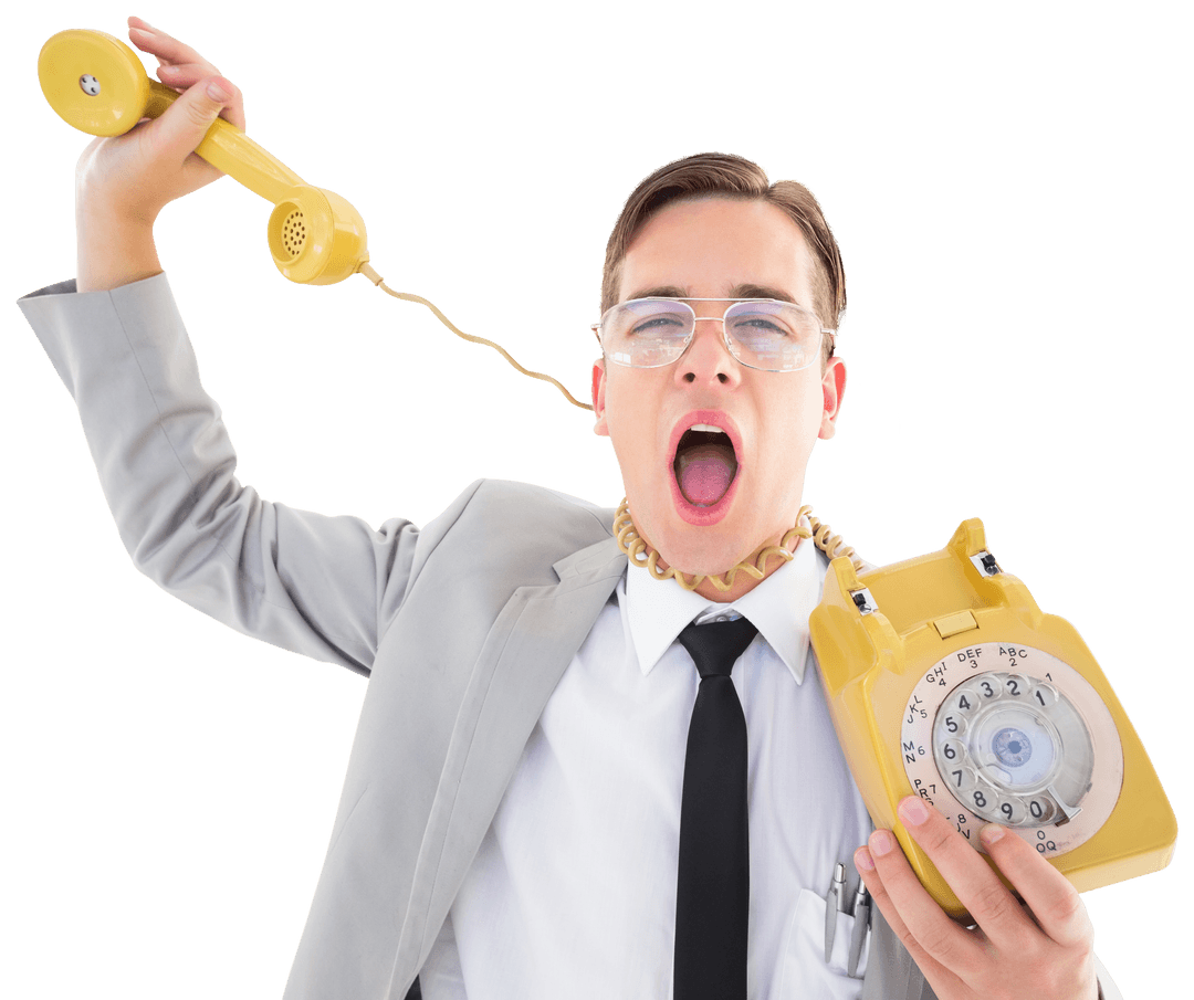 Geeky Businessman Strangled by Transparent Vintage Phone Cord