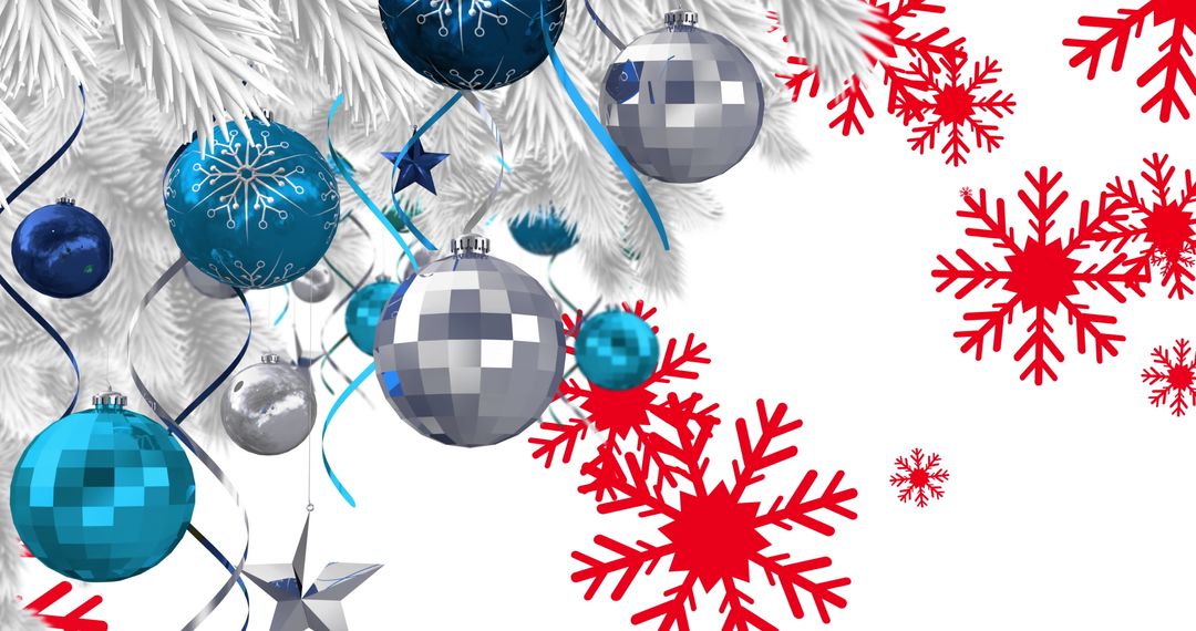 Festive Christmas Baubles and Snowflake Design with White Fir