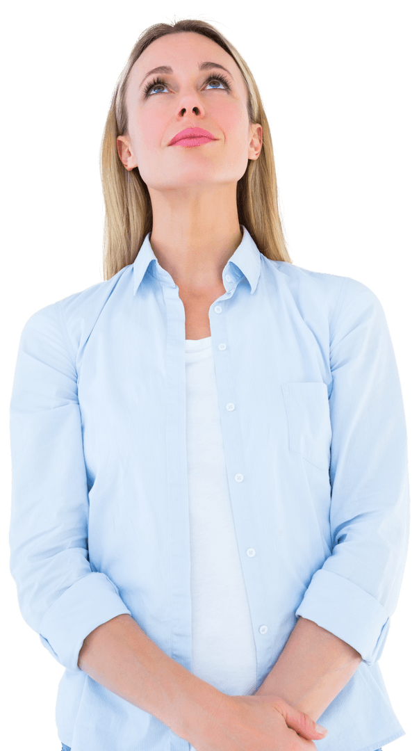 Thoughtful Blonde Woman in Transparent Background Pondering Ideas