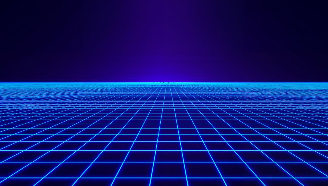 Neon Wireframe Grid Receding to Horizon in Retro Futuristic Synthwave Scene