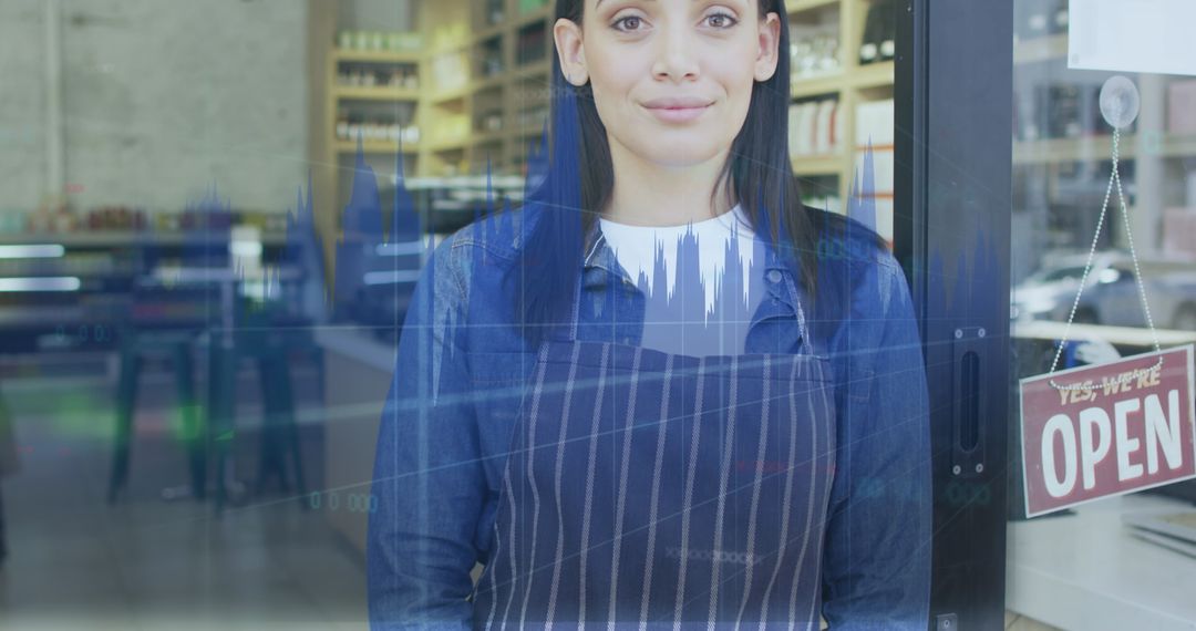 Caucasian Shop Assistant with Digital Data Overlay Indoors