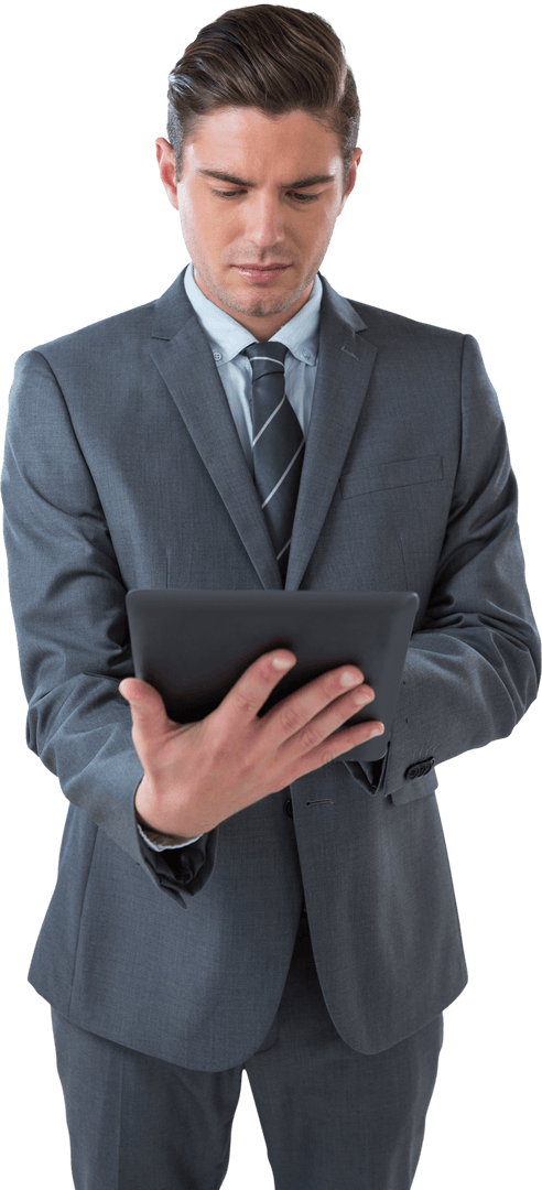Businessman in Suit Using Transparent Digital Tablet Screen