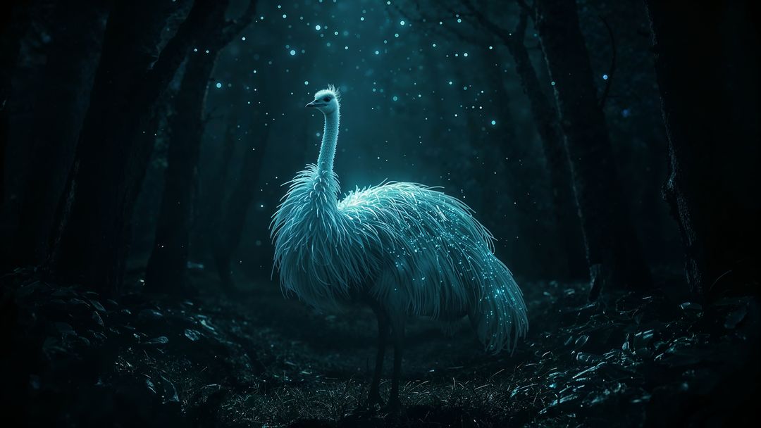 Enchanted Bioluminescent Bird in Mystical Nighttime Woodland