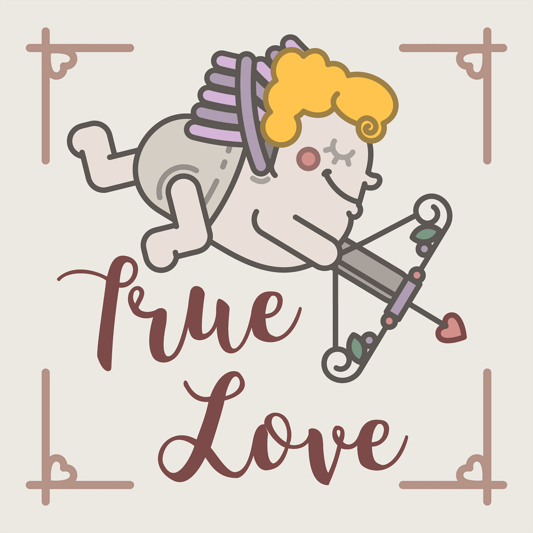 Playful Cupid with Heart Bow and True Love Text on Transparent Backdrop