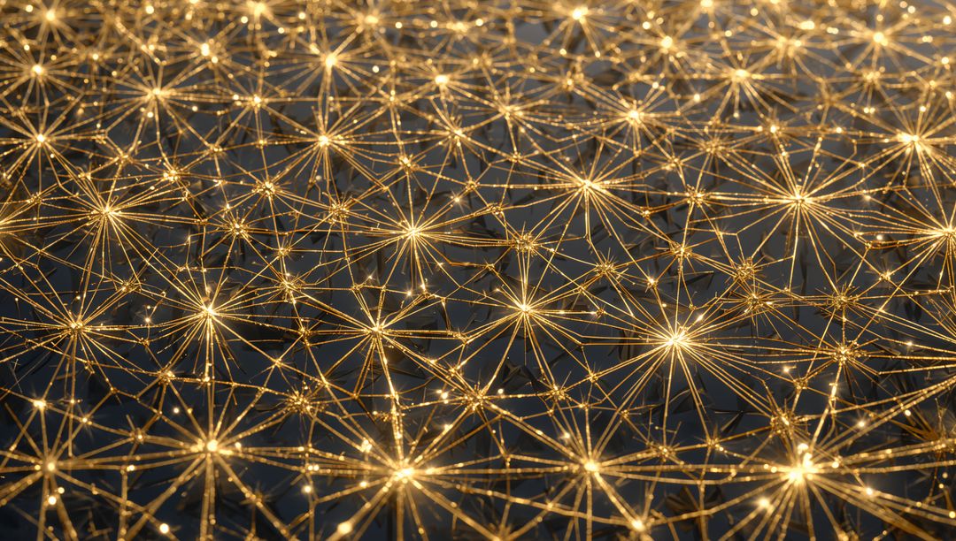 Glowing Golden Starburst Network on Dark Reflective Surface with Radiant Filaments