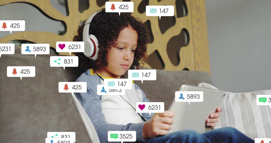 Child with Tablet and Headphones Engulfed by Social Media Notifications