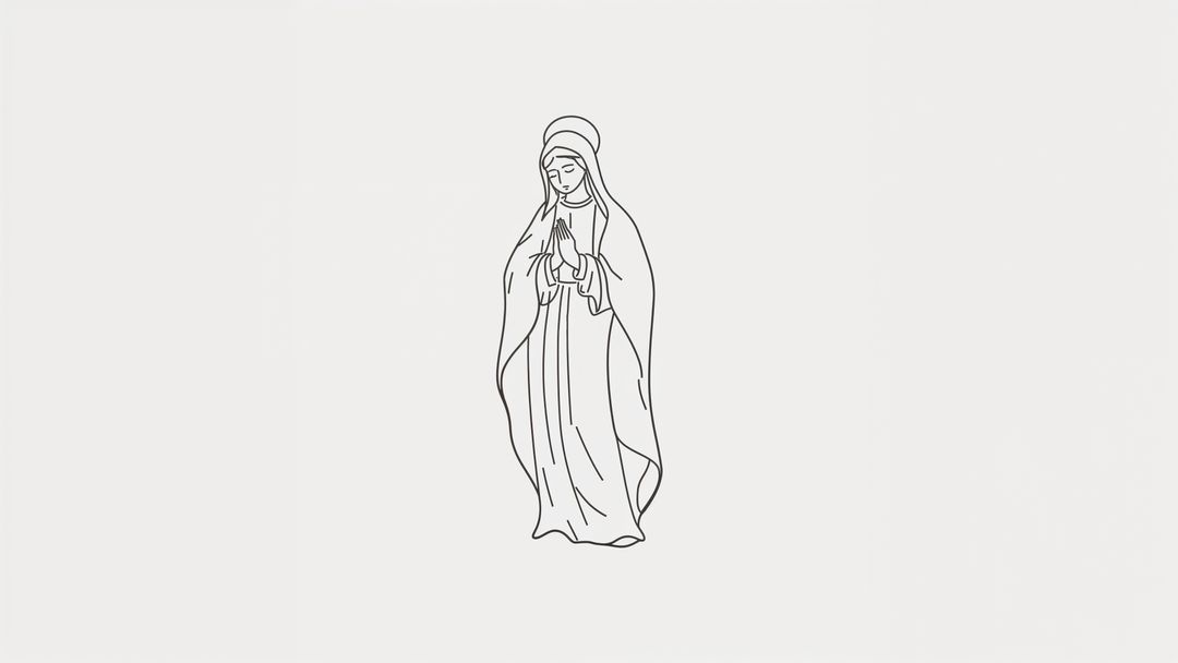 Standing the virgin mary in prayerful devotion line art