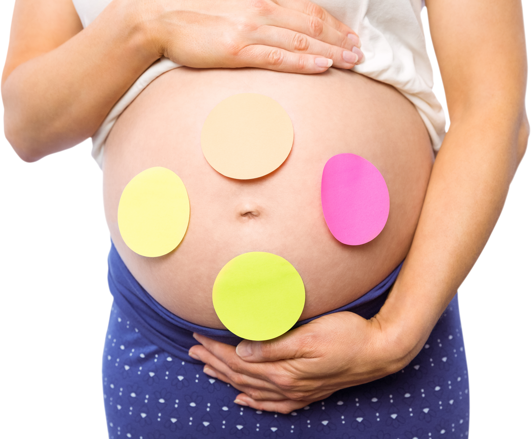 Pregnant Woman Expecting Baby with Colorful Transparent Stickers on Belly - Download Free Stock Images Pikwizard.com