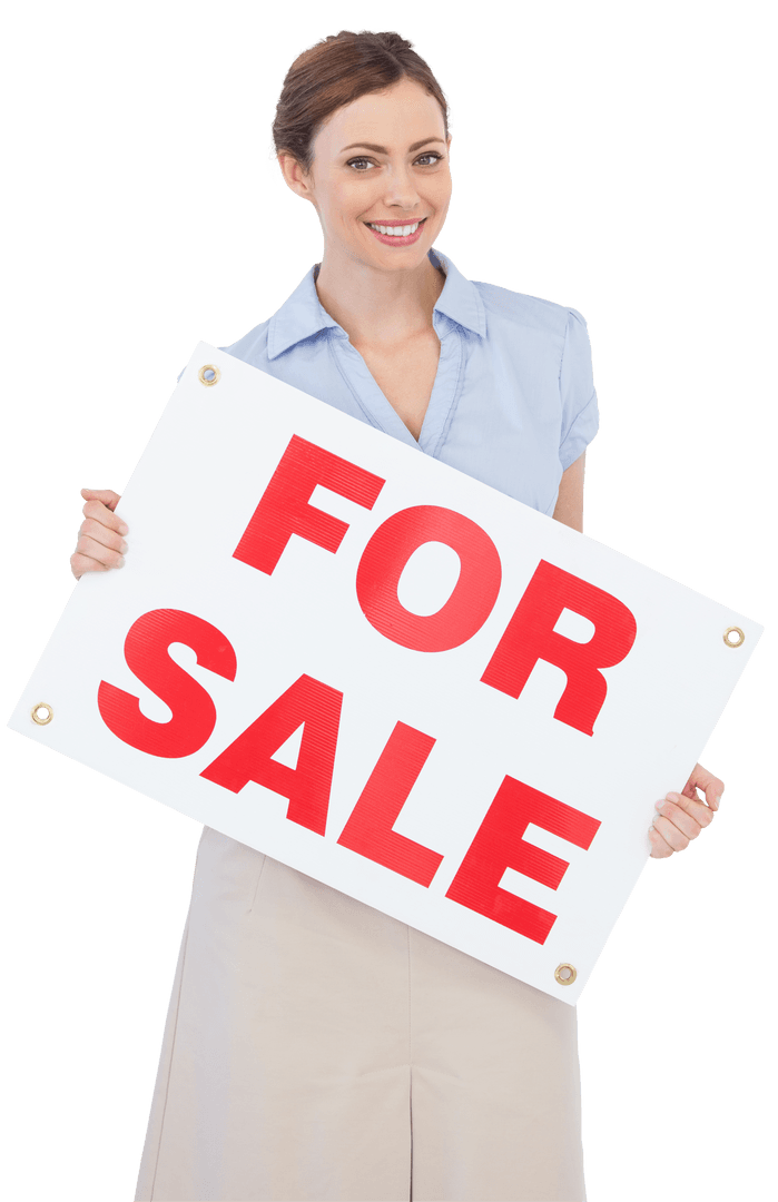 Smiling Woman Holding For Sale Sign on Transparent Background
