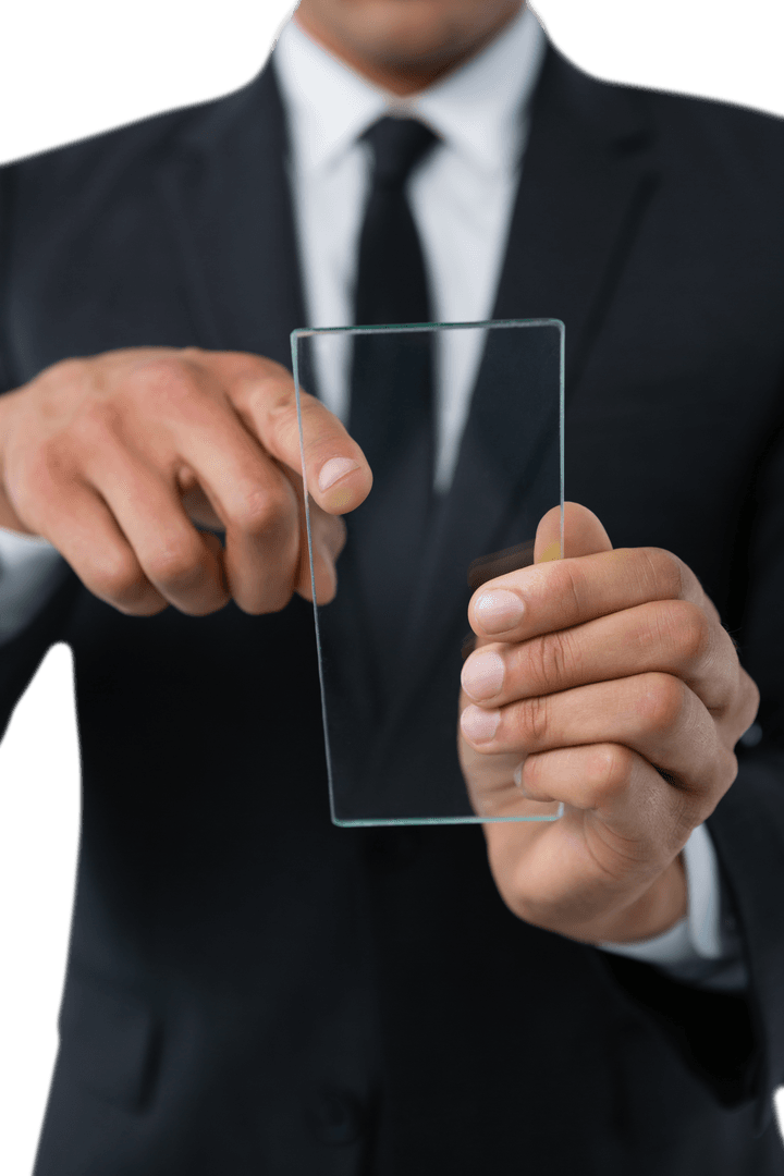 Businessman Utilizing Transparent Interface in Modern Technology