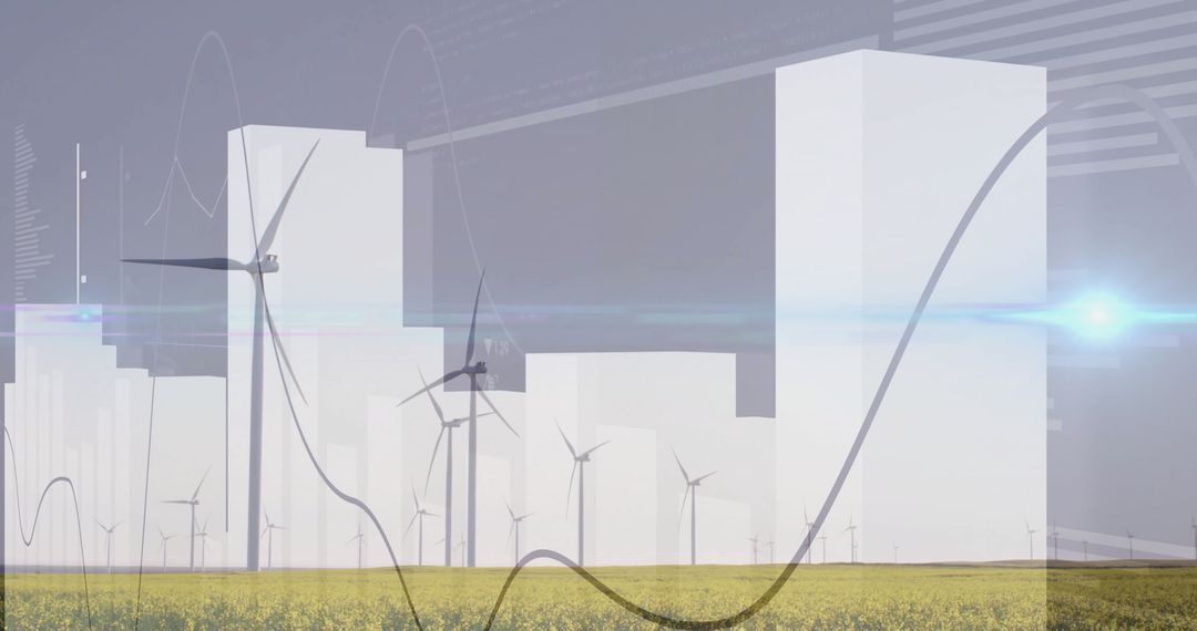Wind Turbines over Yellow Crops with Data Visualization Overlays