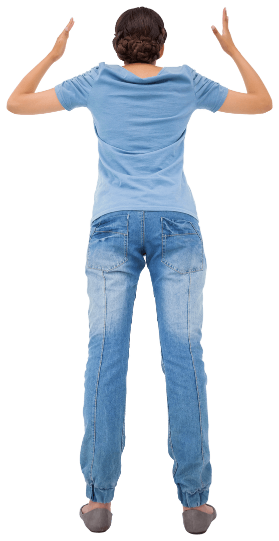 Rear View of Upset Biracial Woman with Raised Arms on Transparent Background