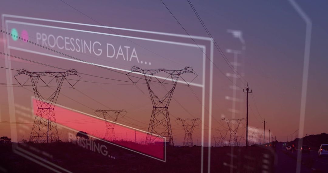 Processing Data HUD Overlaid on Transmission Towers at Dusk for Smart Grid Monitoring