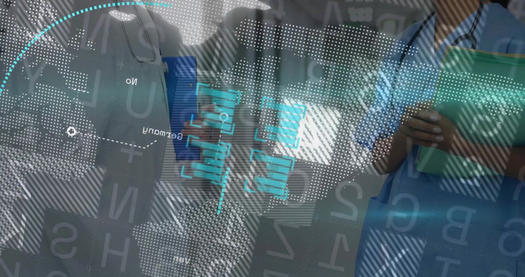 Doctors in Scrubs Analyzing Holographic Data Map with Tablet