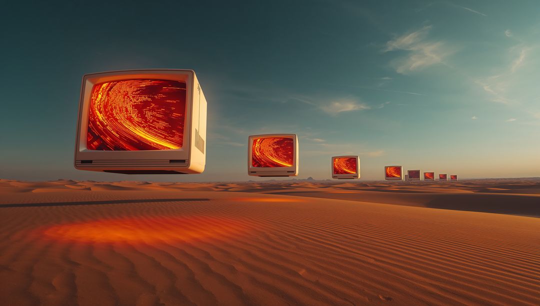 Floating Vintage CRT Monitors Casting Orange Vortex Over Rippling Desert Dunes Golden Hour