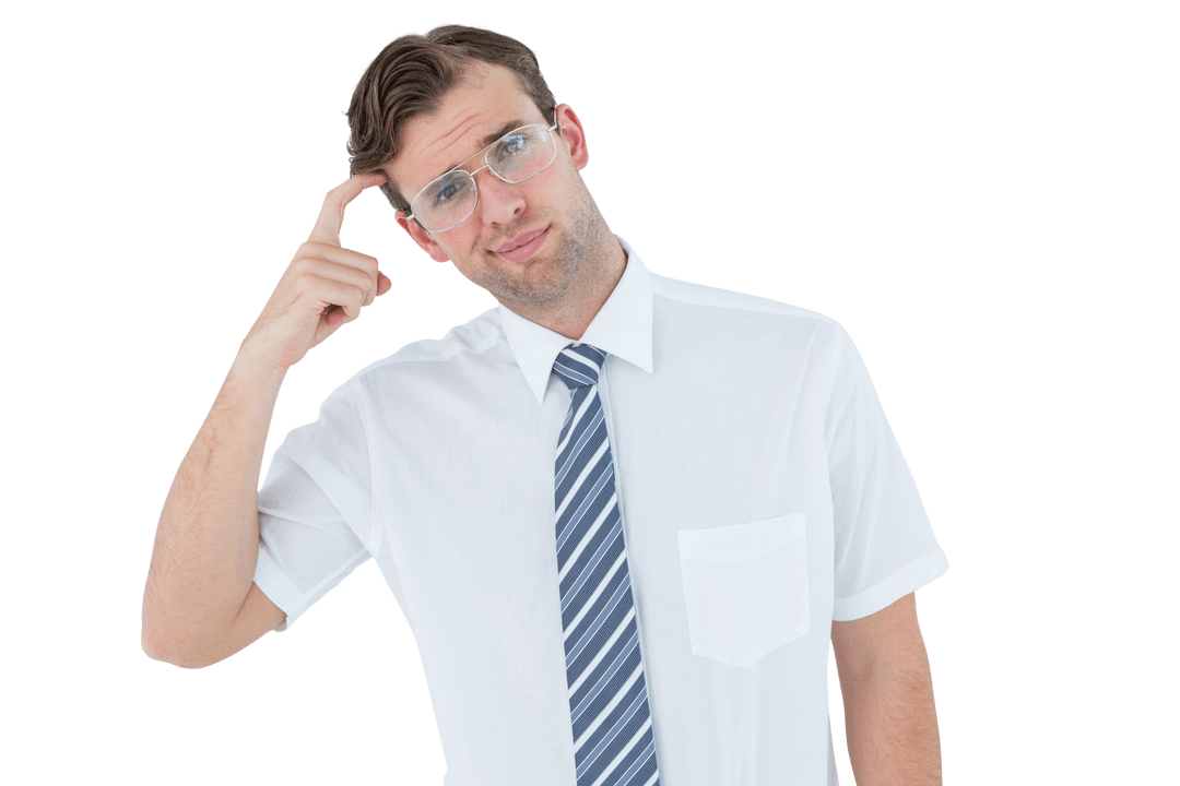 Transparent Geeky Businessman Contemplating Thoughtful Gesture