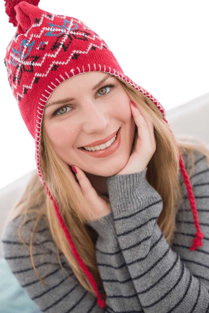 Cheerful Woman in Colorful Winter Cap on Transparent Background