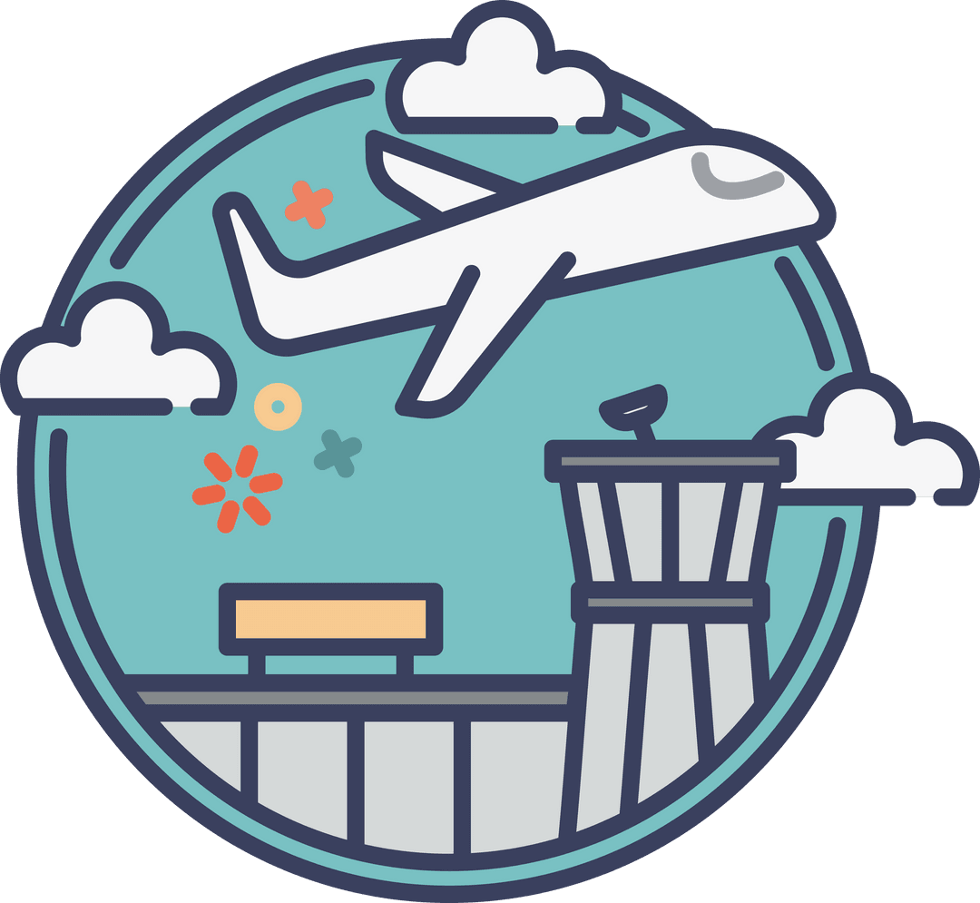 Airplane Icon with Airport Elements on Transparent Background