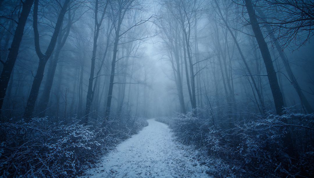 Frosty Trail Winding Through Mystical Winter Forest Landscape