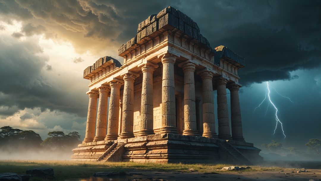 Majestic ancient god temple under stormy skies in open grassland