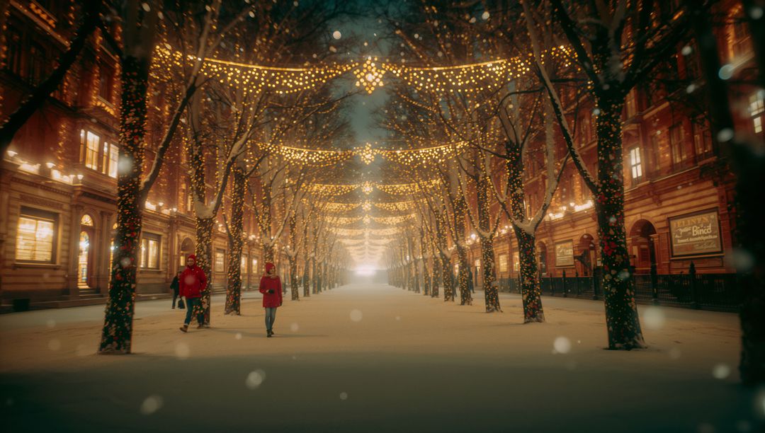 Festive Winter Stroll Under Golden String Lights in Snowy Boulevard