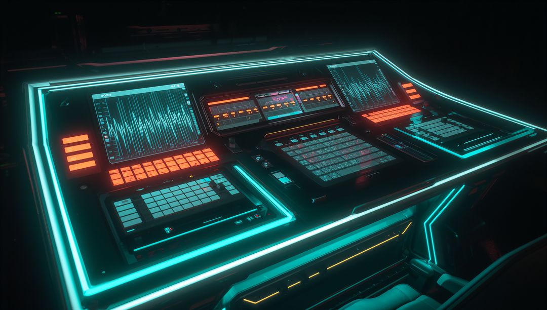 Futuristic Command Console with Neon Accents and Digital Waveform Screens