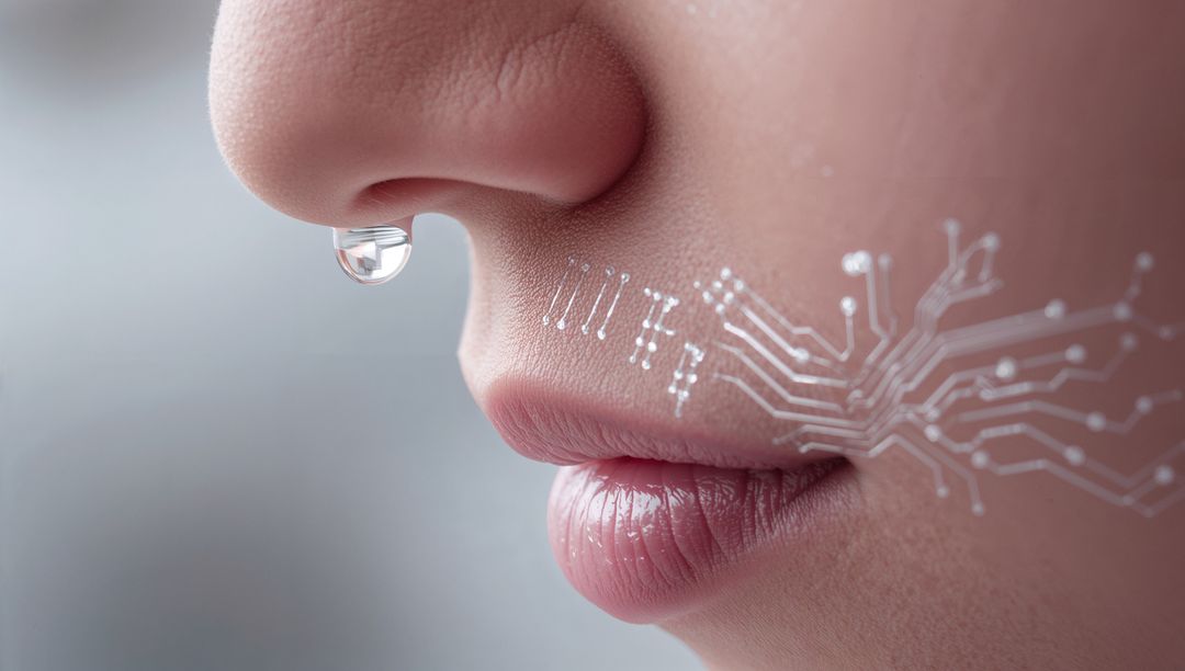 Macro closeup nose dripping droplet with white circuit traces on cheek and glossy lips, skin texture