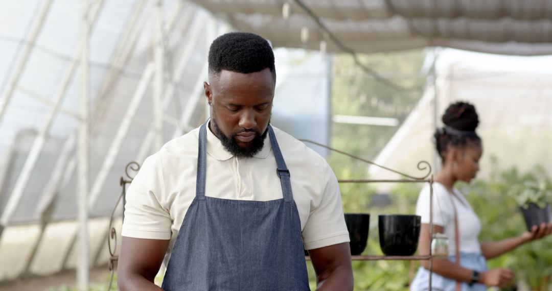 African American Gardeners Working Together in Modern Greenhouse