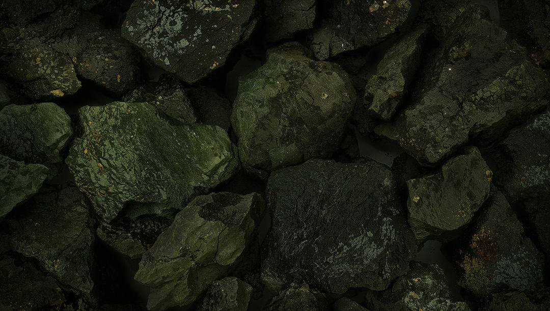 Dark Green Coastal Rocks With Moss Lichen and Rusty Stains Textured Closeup