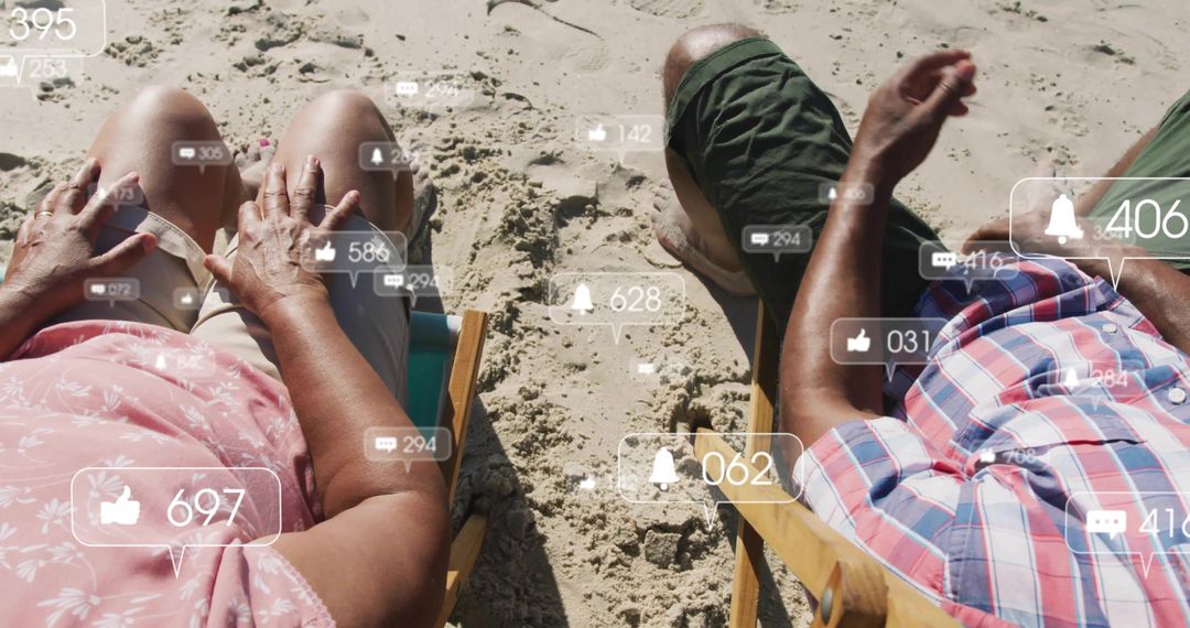 Senior Couple Relaxing on Beach Engaging with Social Media Magic