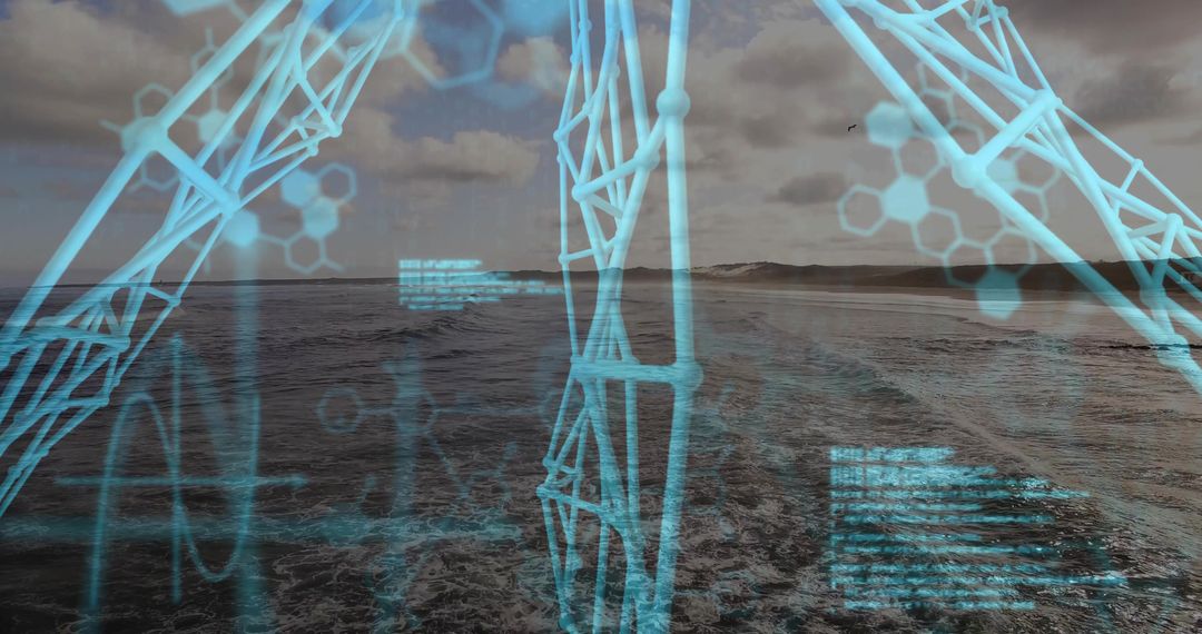 Holographic Maritime Navigation Overlay Displaying Digital Wireframe and Data on Ocean