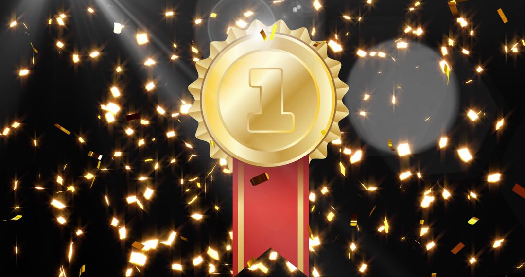 Golden Medal with Sparkling Confetti on Black Background