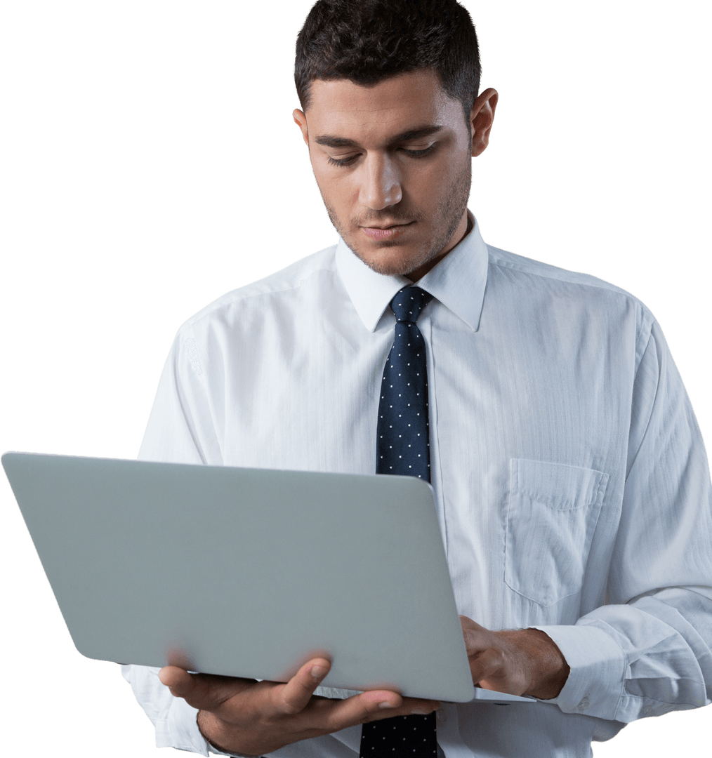 Transparent Background of Businessman Focused on Laptop