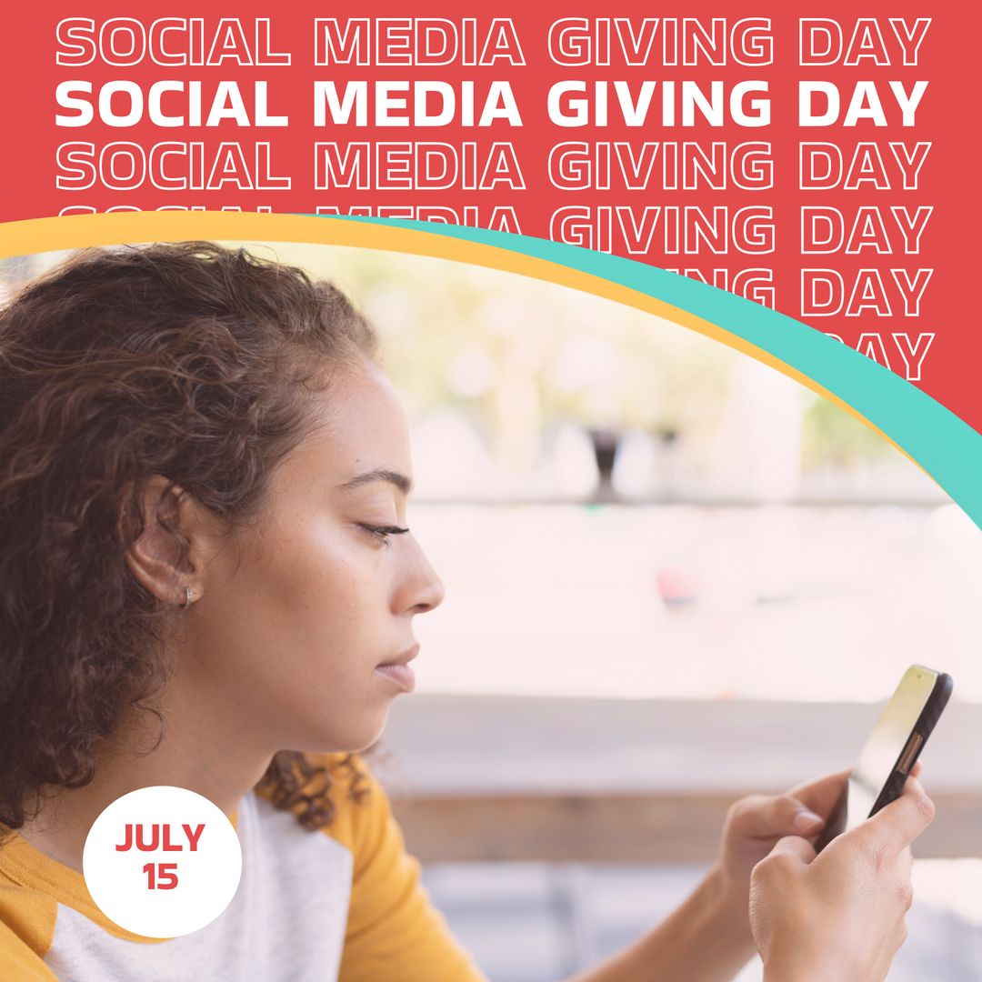 Woman Using Smartphone Promoting Social Media Giving Day on July 15 - Download Free Stock Templates Pikwizard.com