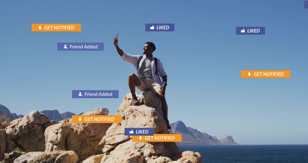 Man Taking Selfie with Notifications Over Rocky Seaside