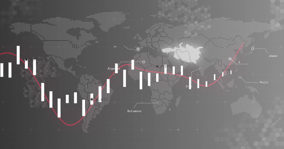 Financial Trading Chart Overlaying World Map with Red Trend Line